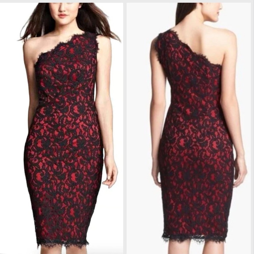 Tadashi Shoji Red & Black Lace Whimsigoth Formal One Shoulder Dress